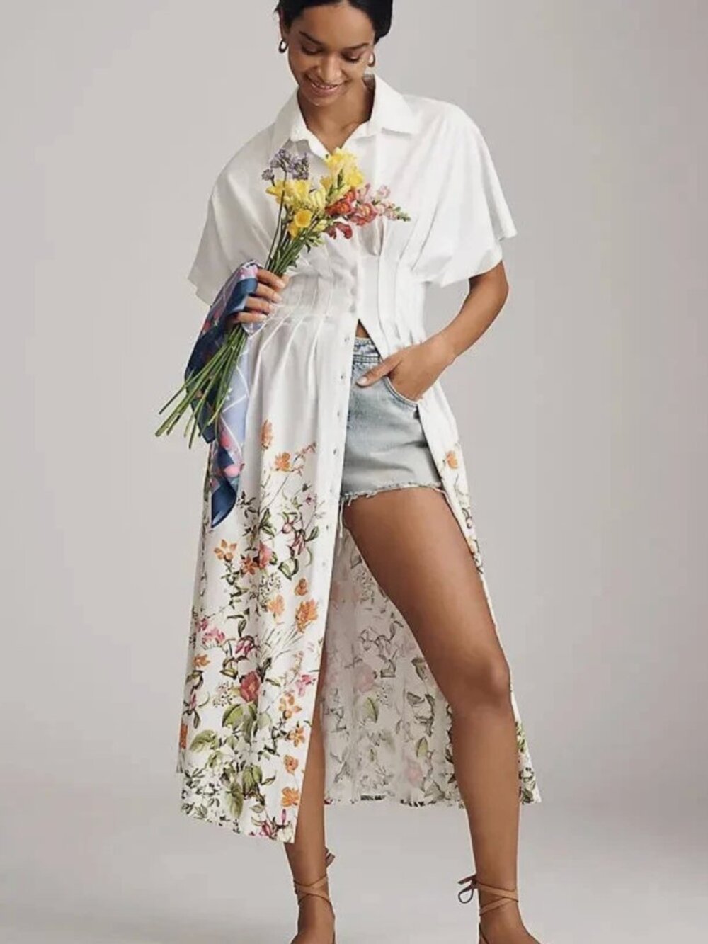 Anthropologie Exquise Tobie Shirt Dress Ivory Floral Midi Size M